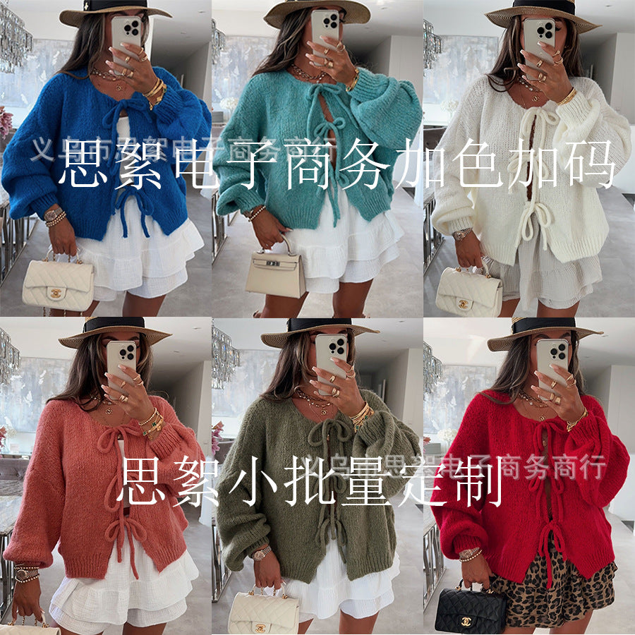 Round neck lace-up knitted cardigan jacket 2024 Europe and the United States cross-border autumn and winter new solid color commuting simple sweater women