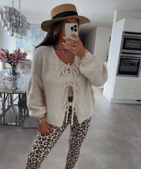 Thumbnail for Round neck lace-up knitted cardigan jacket 2024 Europe and the United States cross-border autumn and winter new solid color commuting simple sweater women