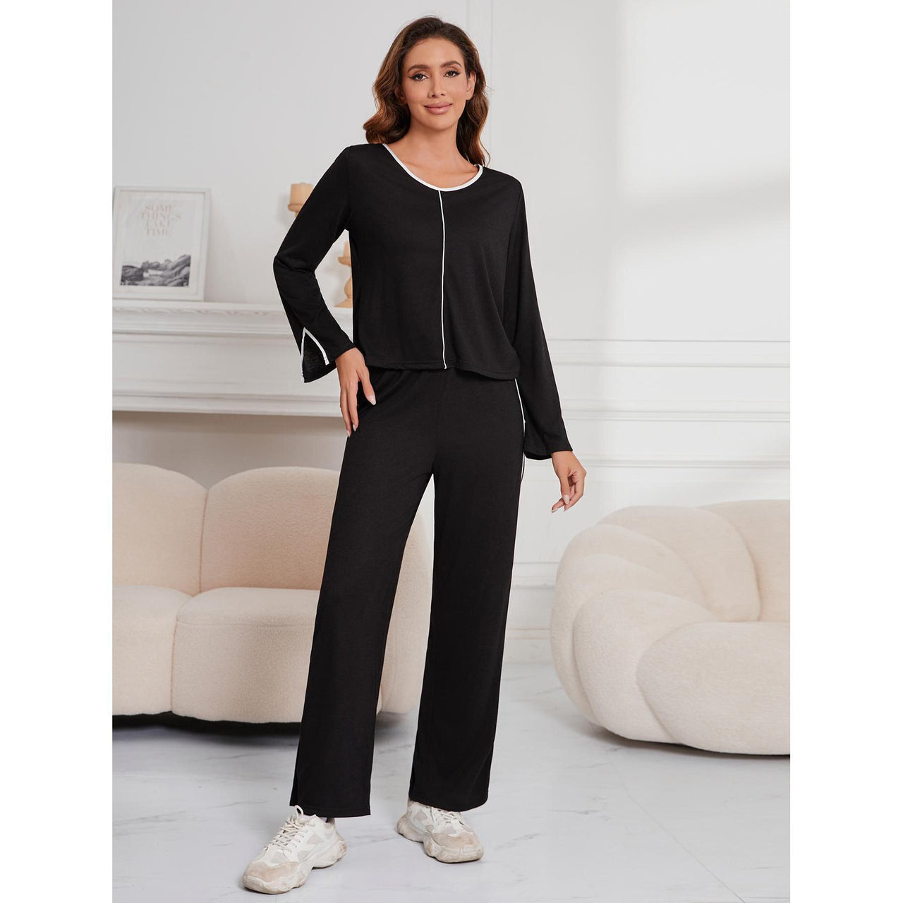 Cross-border European and American women's long-sleeved simple casual two-piece set women's Женская одежда