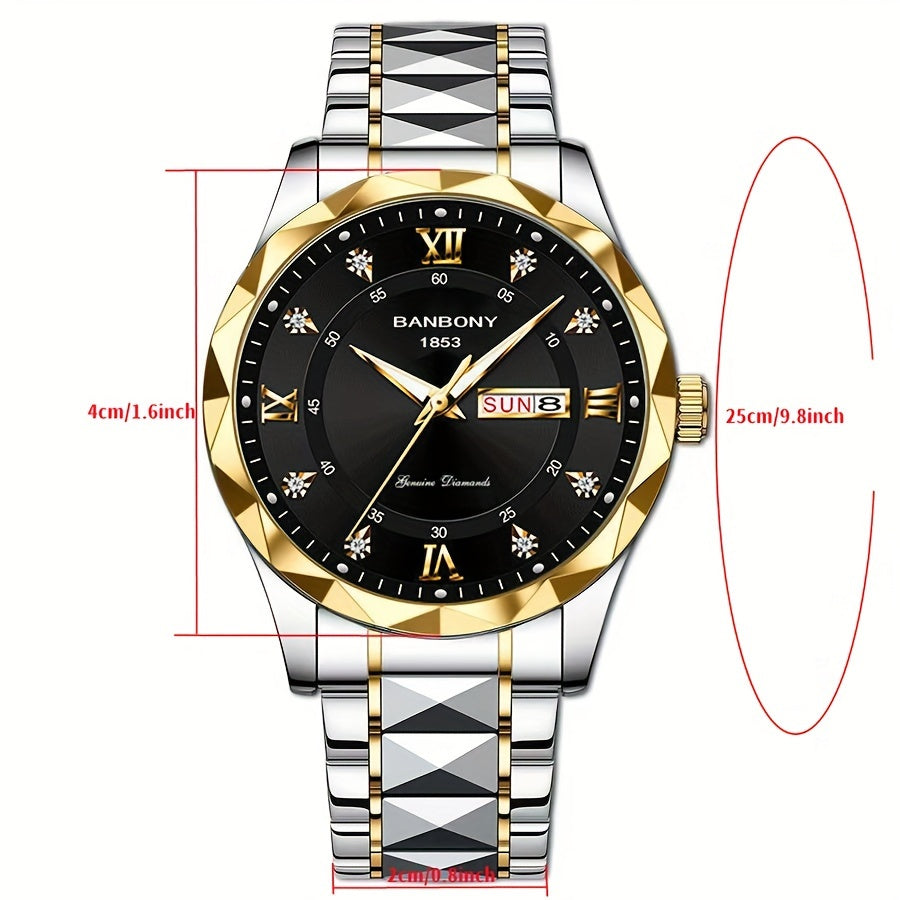 1pc Stainless Steel Strap Men's Roman Numerals Dial Rhinestones Multifunctional Watch, Ideal For Birthday, Holiday Gifts