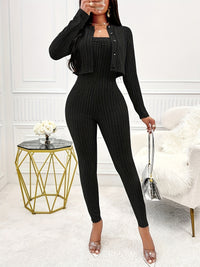 Thumbnail for Solid Color Ribbed Two-piece Set, Long Sleeve Button Front Crop Cardigan & Skinny Strapless Jumpsuit Outfits, Women's Clothing