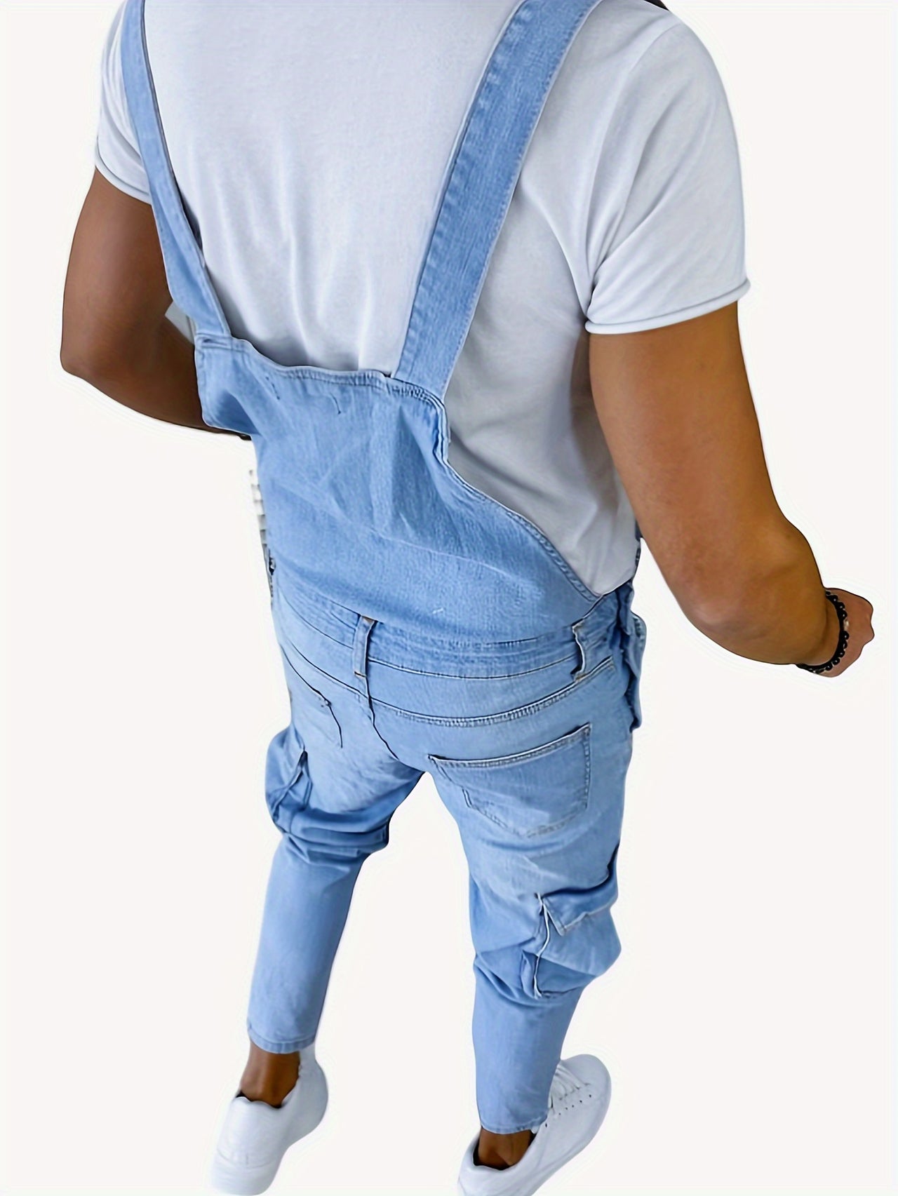 Men's Slim-Fit Denim Overalls with Side Pockets - Stretch Cotton Blend, Machine Washable, Solid Color - Update Avenue