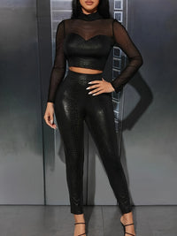 Thumbnail for Elegant Women's Faux Leather & Crocodile Pattern Two-Piece Set: High Neck Crop Top with Mesh Detail & High-Waist Skinny Leggings - Perfect for Fall Travel