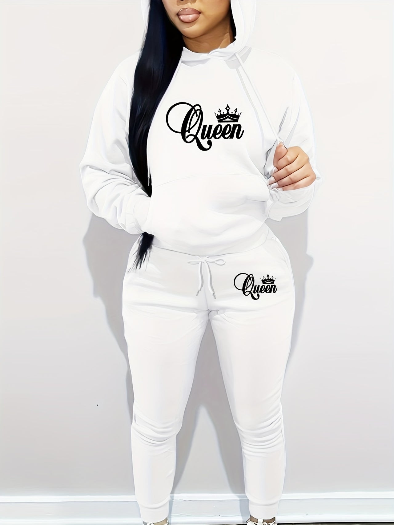 Women's Casual Hoodie and Pants Set with "Queen" Letter Print, Long Sleeve, Knit Fabric, Hooded, Pocket Detail, Polyester, Regular Fit, Autumn/Winter Collection