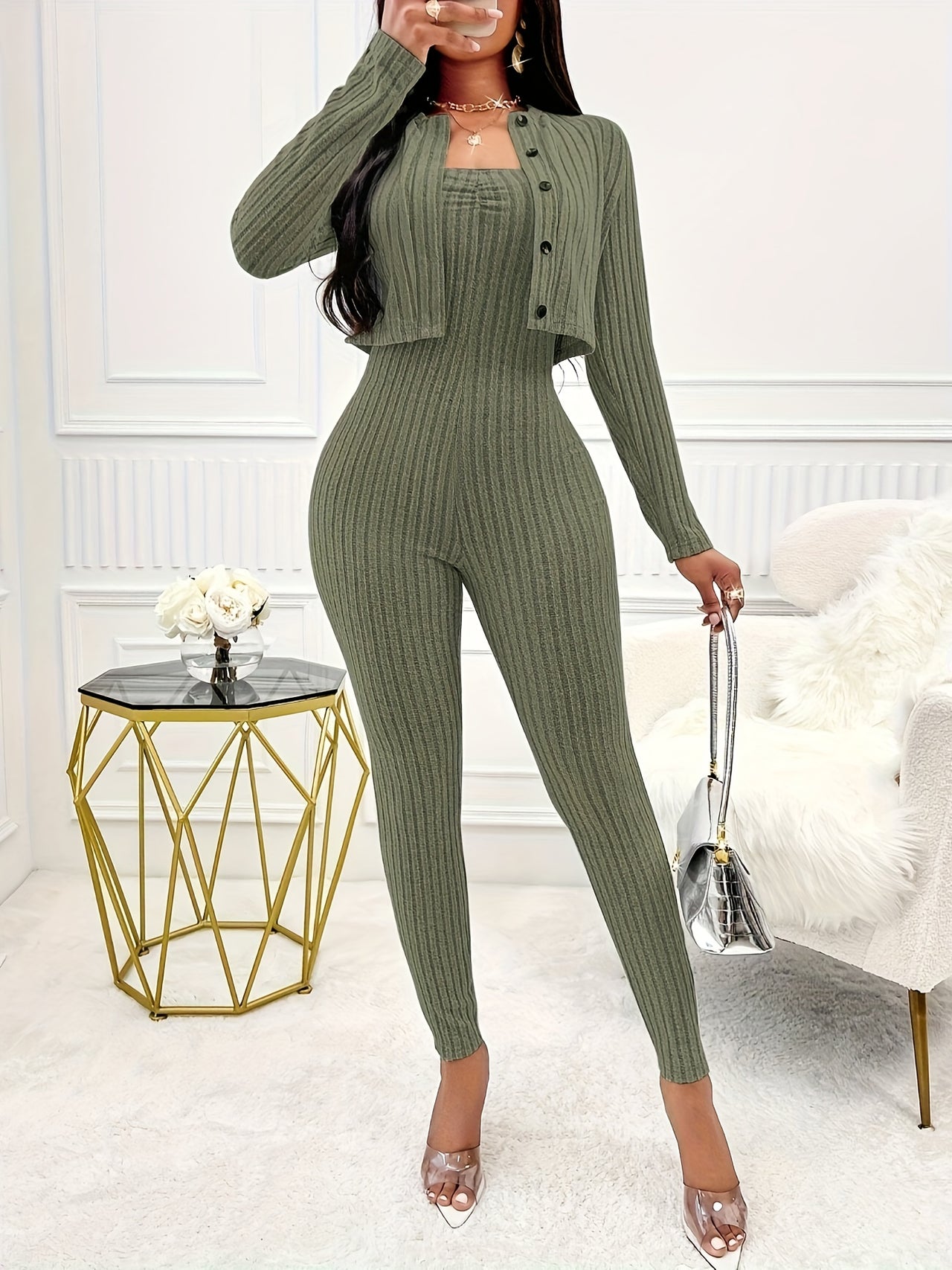 Solid Color Ribbed Two-piece Set, Long Sleeve Button Front Crop Cardigan & Skinny Strapless Jumpsuit Outfits, Women's Clothing