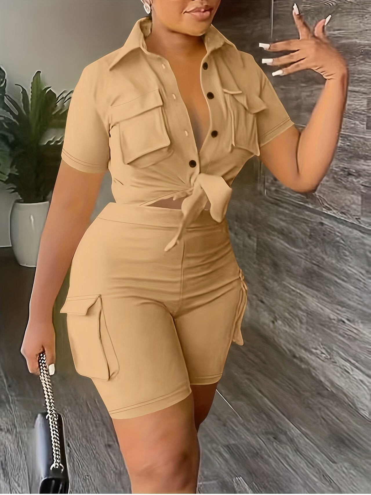 Casual Matching Two-piece Set, Button Front Blouse & Flap Pockets Shorts Outfits, Women's Clothing