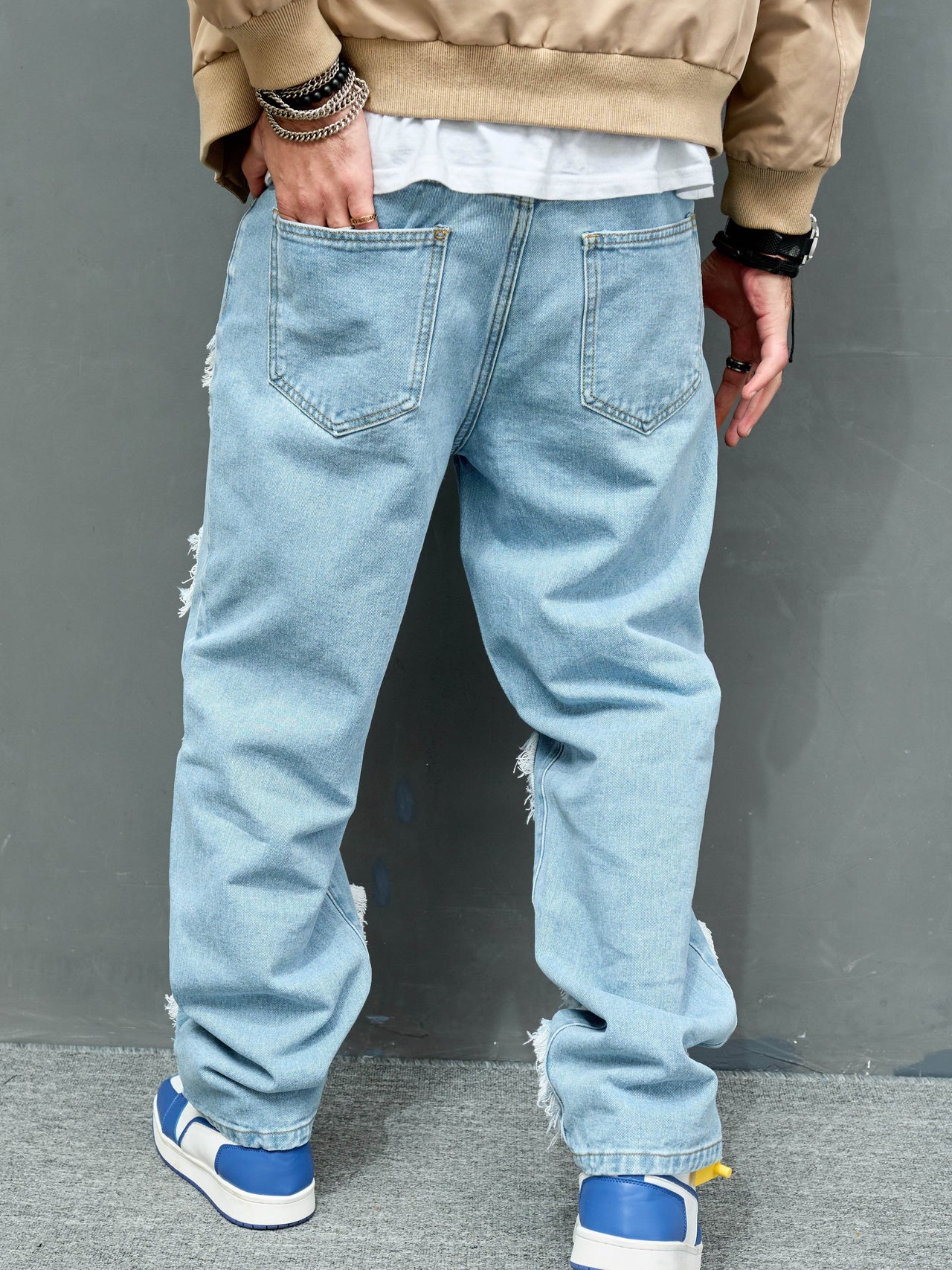 Novelty Ripped Patched Burlap Fringe Design Jeans, Men's Casual Street Style Loose Denim Pants, Men's Wide Leg Trousers - Update Avenue