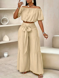 Thumbnail for Elegant Off-Shoulder Women's Casual Wide-Leg Pants Set - Polyester, Non-Stretch, Semi-Sheer with Bow Detail