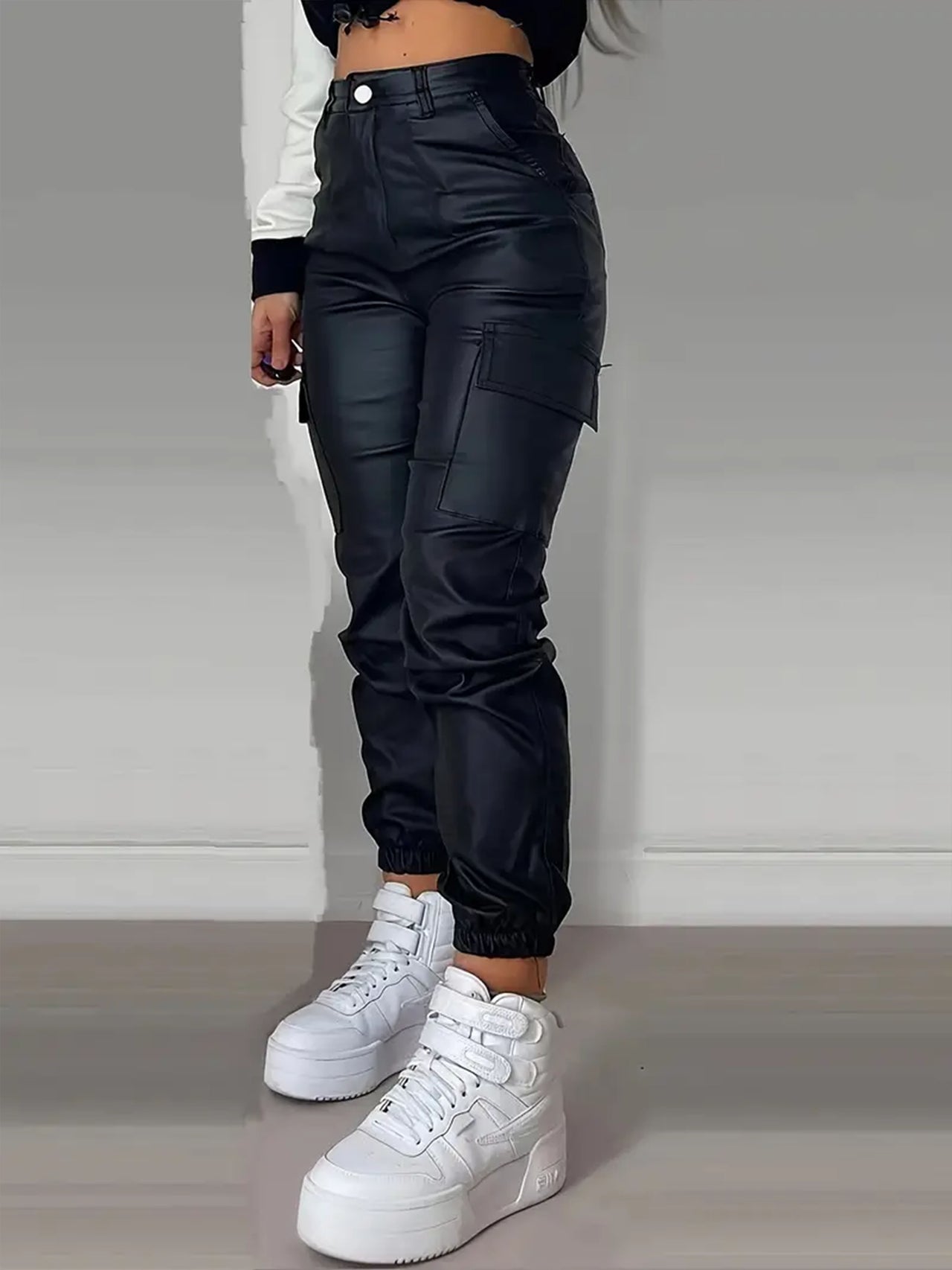 Flap Pockets Jogger Cargo Pants, Stylish Faux Leather High Waist Pants For Spring & Summer, Women's Clothing - Update Avenue