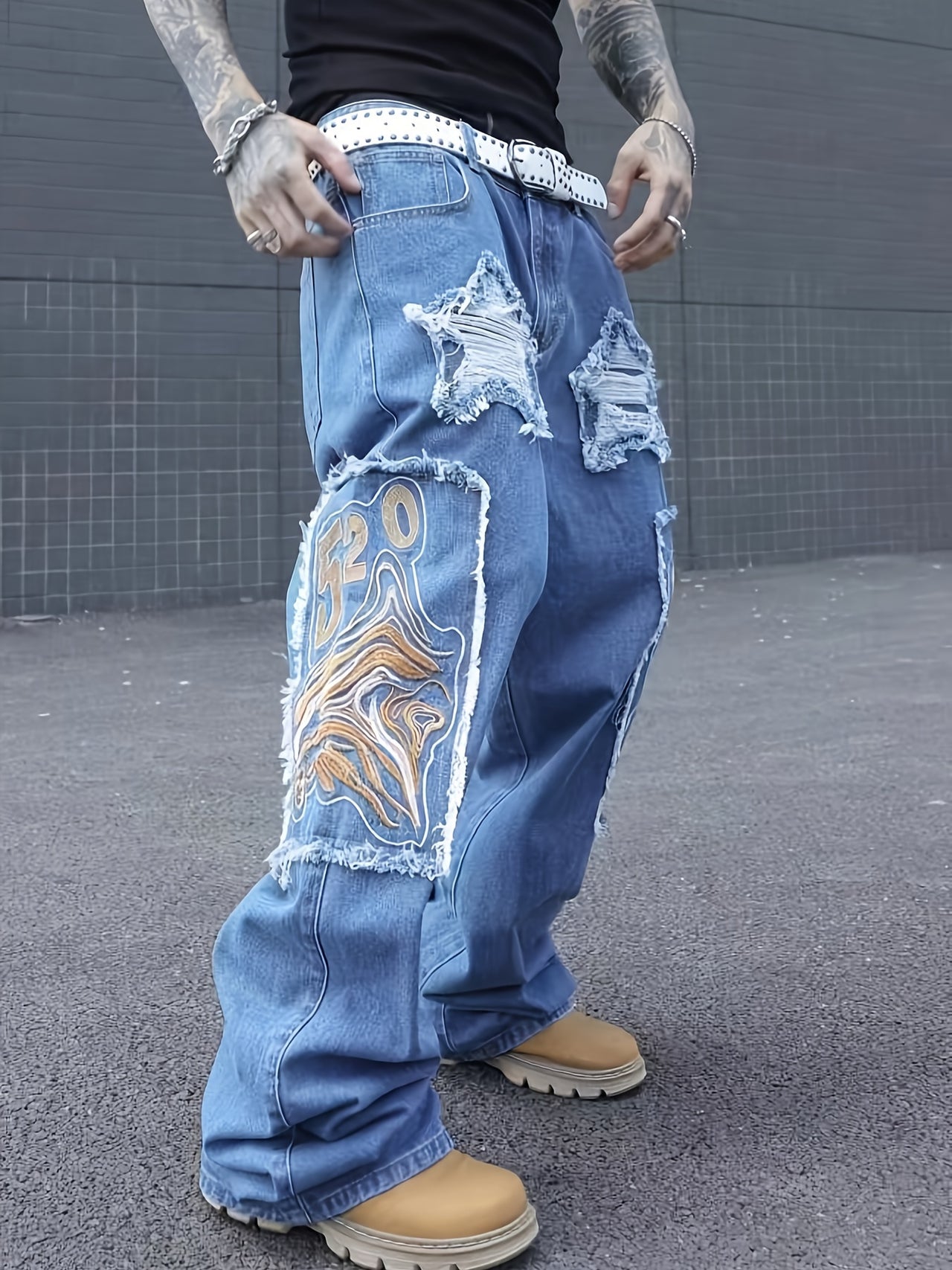 Men's Vintage-Inspired Embroidered Jeans - Hip Hop Street Style, Loose Fit, Cotton Blend, Machine Washable, for Autumn, Spring - Update Avenue