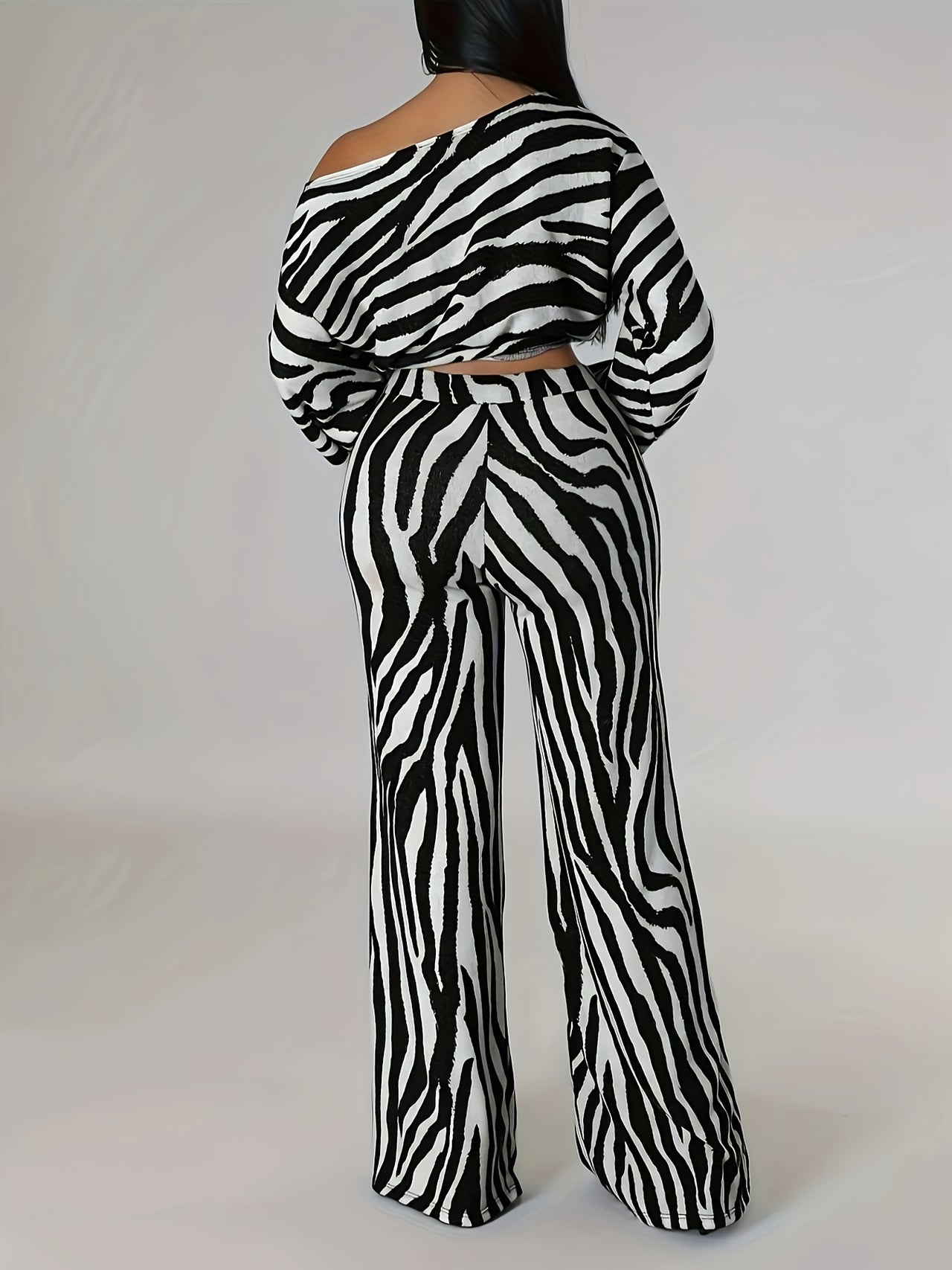 Zebra Pattern Elegant Pants Set, Cut Out Long Sleeve Knot Front Crop Top & Wide Leg High Waist Pants Outfits, Women's Clothing