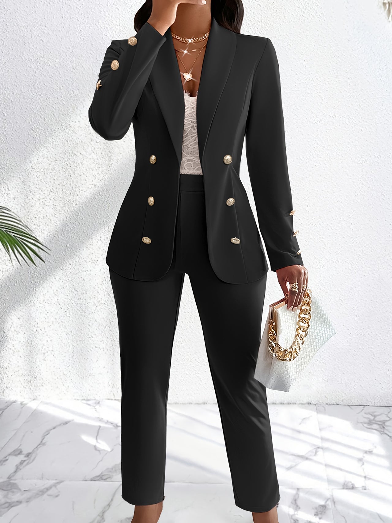 Double Breasted Elegant Set, Long Sleeve Slim Fit Blazer & Straight Leg Pants, Women's Clothing