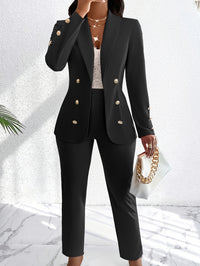 Thumbnail for Double Breasted Elegant Set, Long Sleeve Slim Fit Blazer & Straight Leg Pants, Women's Clothing