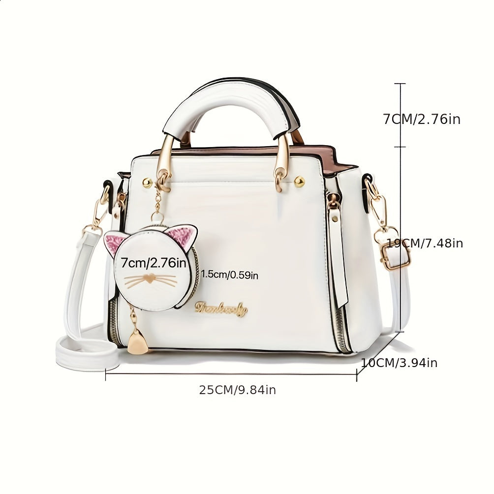 Sweet Cat Design Handbags, Fashion PU Crossbody Bag, Women's Top Handle Satchel Bag With Coin Purse