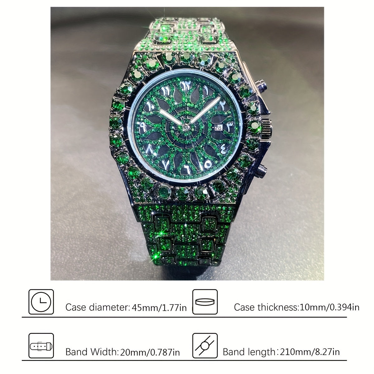 MISSFOX Men's Hip-Hop Watch, Green Ice Diamonds, Fashion Quartz Clock, Luxurious Party Style, Non-Waterproof, Polygon Dial, Zinc Alloy Case, Calendar Feature, Regular Cleaning Required