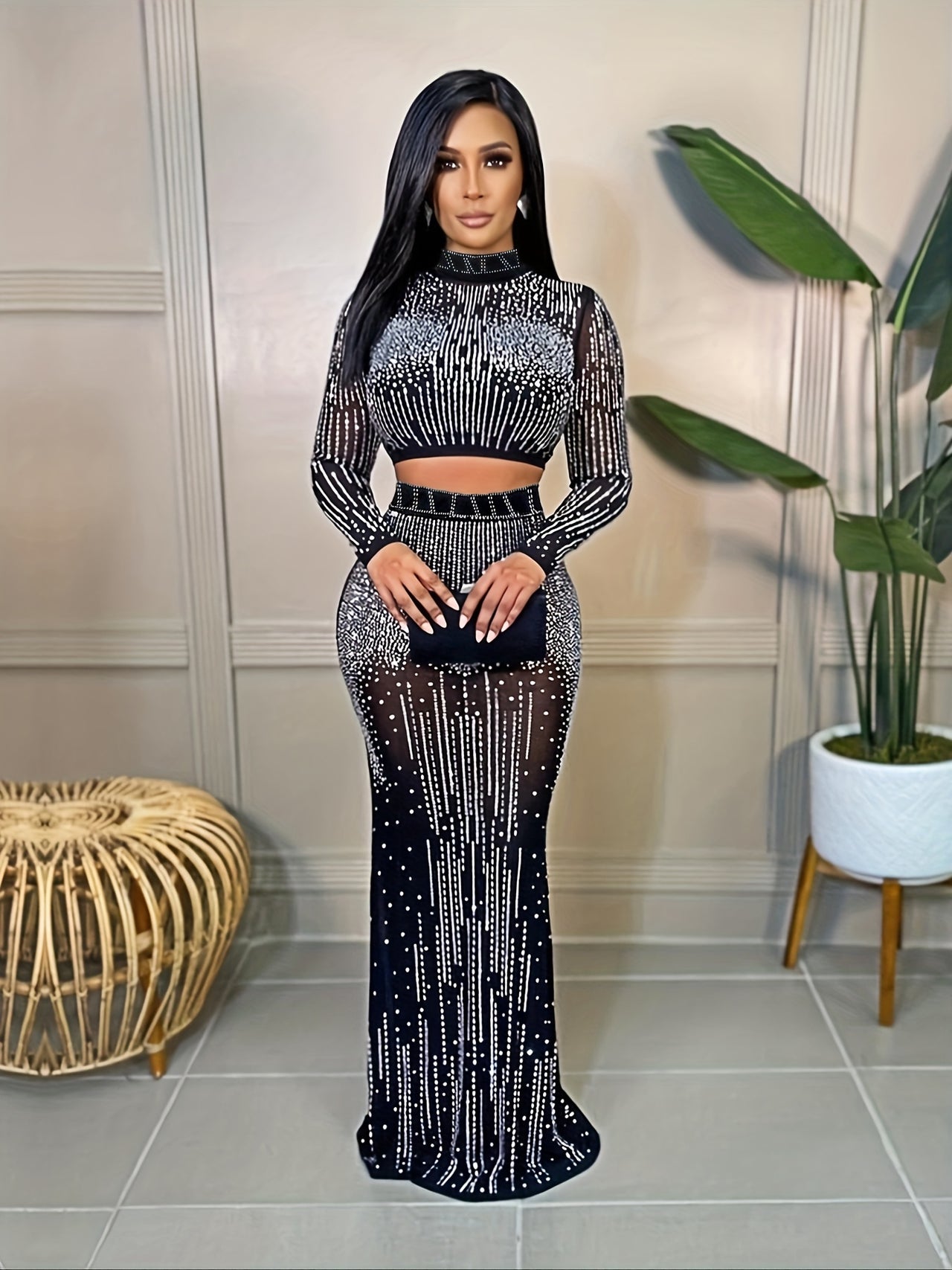 Party Rhinestone Two-piece Set, Bodycon Crop Top & High Waist Floor Length Skirt, Women's Clothing