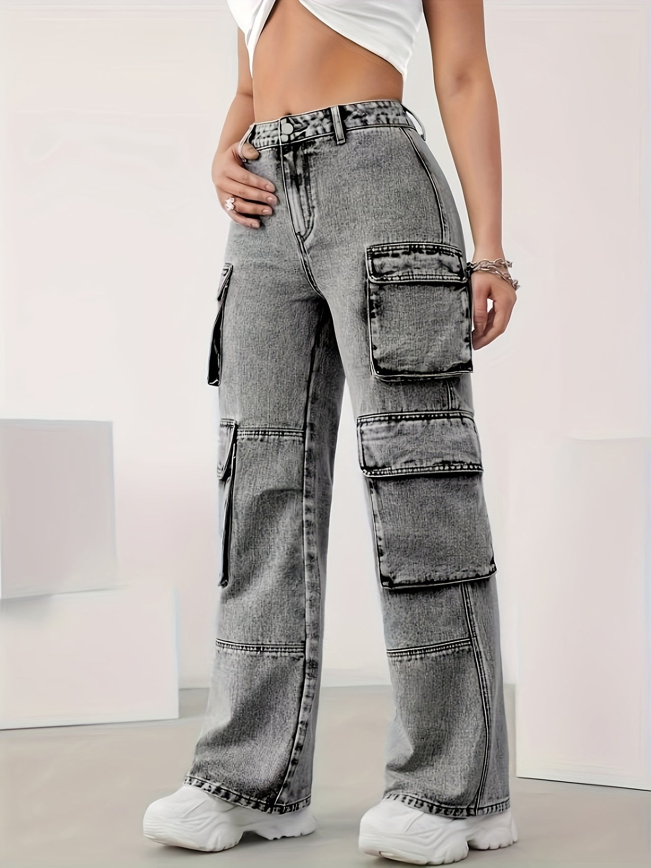 Elegant High-Waist Cargo Denim Pants for Women - Cotton Blend, Stretchy & Machine Washable, with Multiple Pockets - Update Avenue