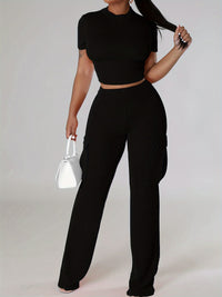 Thumbnail for Casual Two-piece Set, Short Sleeve Crop Top & Pocket Pants Outfits, Women's Clothing