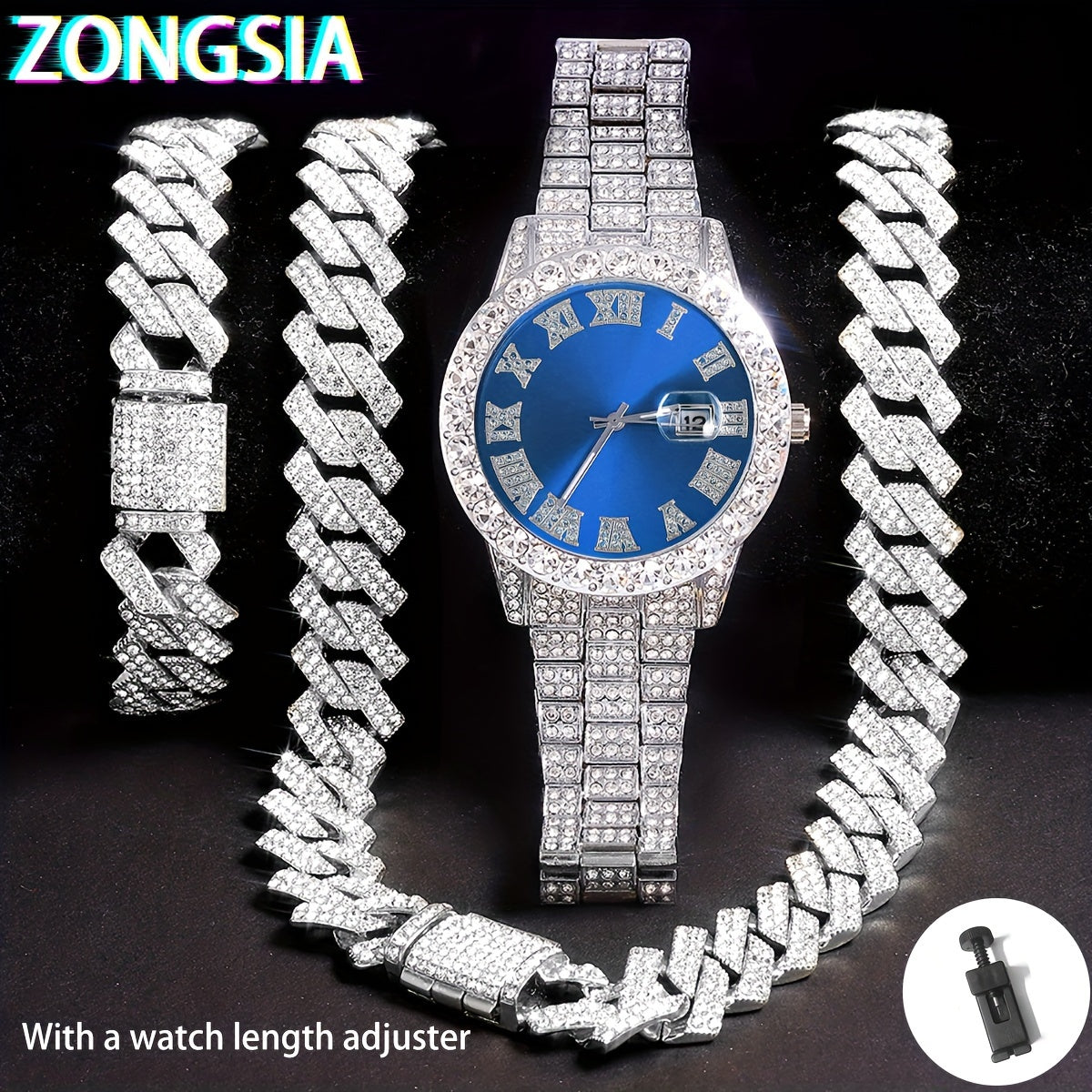 ZONGSIA Men's 3pcs Hip Hop Punk Style Watch Set with Rhinestone Accents, Cuban Chain & Adjustable Bracelet - Fashionable Jewelry Gift