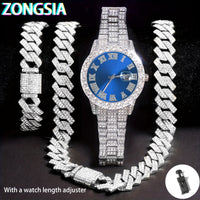 Thumbnail for ZONGSIA Men's 3pcs Hip Hop Punk Style Watch Set with Rhinestone Accents, Cuban Chain & Adjustable Bracelet - Fashionable Jewelry Gift