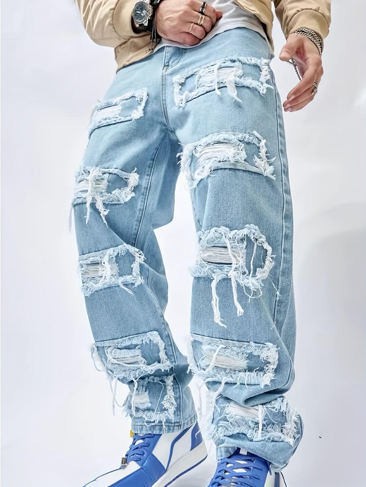 Men's Loose Fit Wide Leg Ripped Jeans, Men's Stylish Comfy Denim Pants, Street Style Fashion - Update Avenue