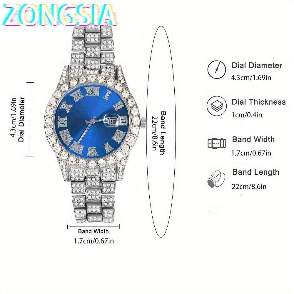 ZONGSIA Men's 3pcs Hip Hop Punk Style Watch Set with Rhinestone Accents, Cuban Chain & Adjustable Bracelet - Fashionable Jewelry Gift