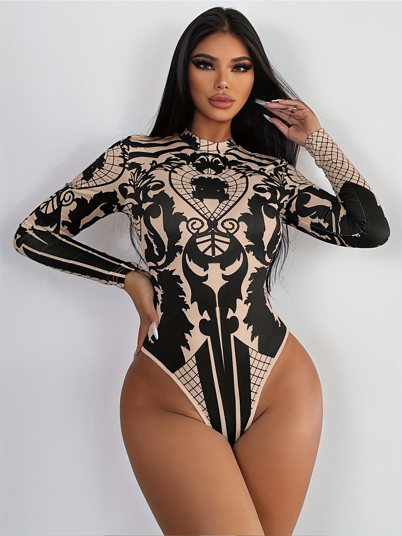 Vintage-Inspired Geometric Print Mock Neck Bodysuit for Women - Long Sleeve, Stretch Fit, Machine Washable - Update Avenue