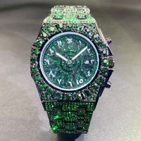 Thumbnail for MISSFOX Men's Hip-Hop Watch, Green Ice Diamonds, Fashion Quartz Clock, Luxurious Party Style, Non-Waterproof, Polygon Dial, Zinc Alloy Case, Calendar Feature, Regular Cleaning Required