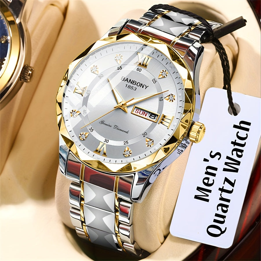 1pc Stainless Steel Strap Men's Roman Numerals Dial Rhinestones Multifunctional Watch, Ideal For Birthday, Holiday Gifts