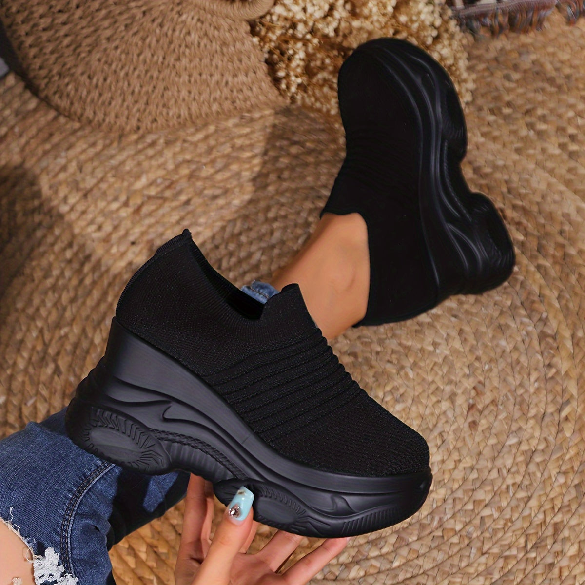 Women's Breathable Knit Sneakers, Black Slip-on Comfort Shoes, Casual Style, Thick Sole, Simple Design - Update Avenue