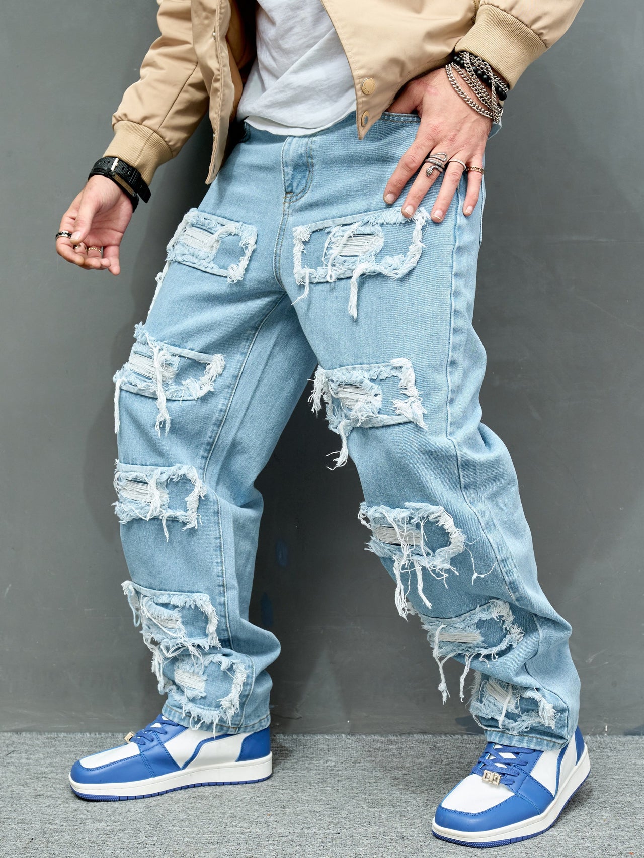 Novelty Ripped Patched Burlap Fringe Design Jeans, Men's Casual Street Style Loose Denim Pants, Men's Wide Leg Trousers - Update Avenue