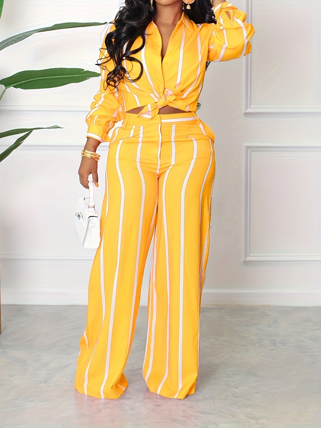 Striped Print Two-piece Set, Button Front Collar Long Sleeve Shirt & High Waist Wide Leg Loose Pants Set, Women's Clothing