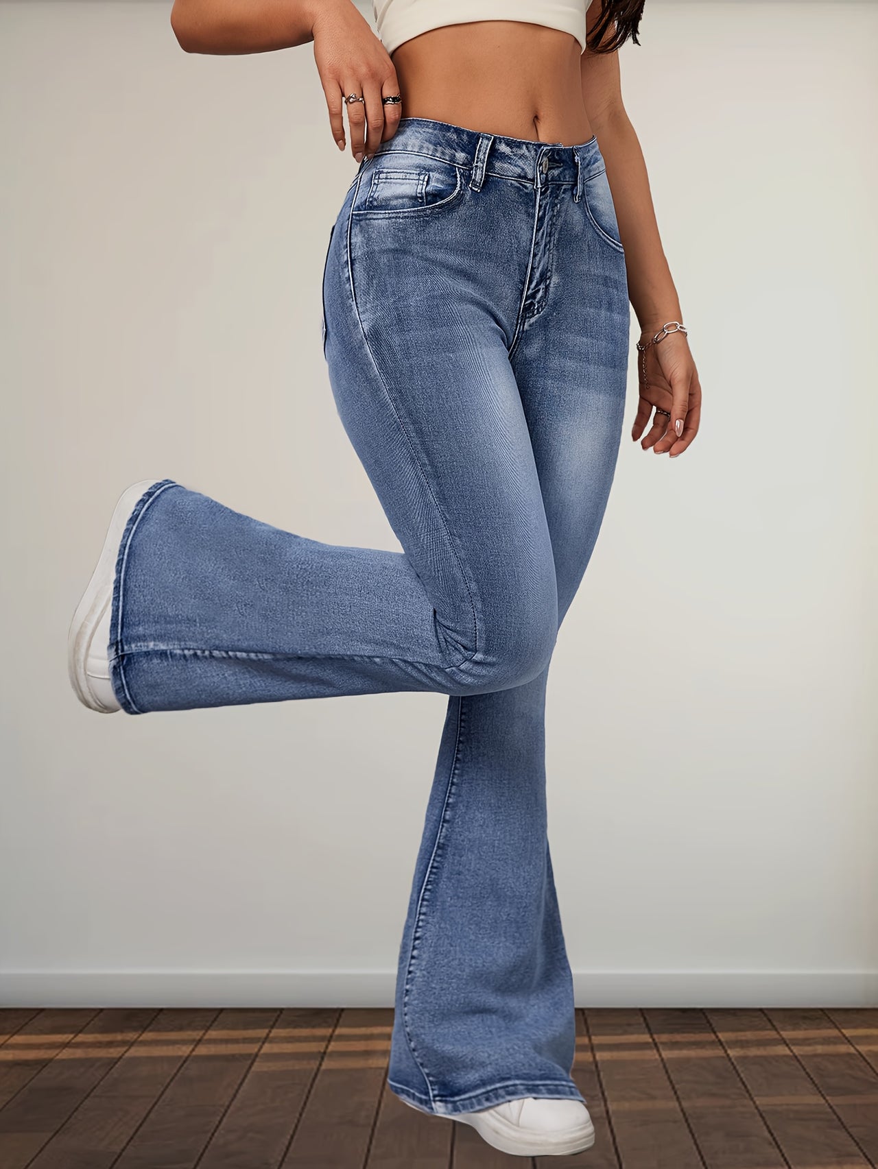 1pc Elegant High-Waisted Flare Jeans for Women, Mid-Stretch Denim Fabric, Solid Color, Button Closure, Long Length, Seasonal All-Year-Round, Washed Finish - Update Avenue