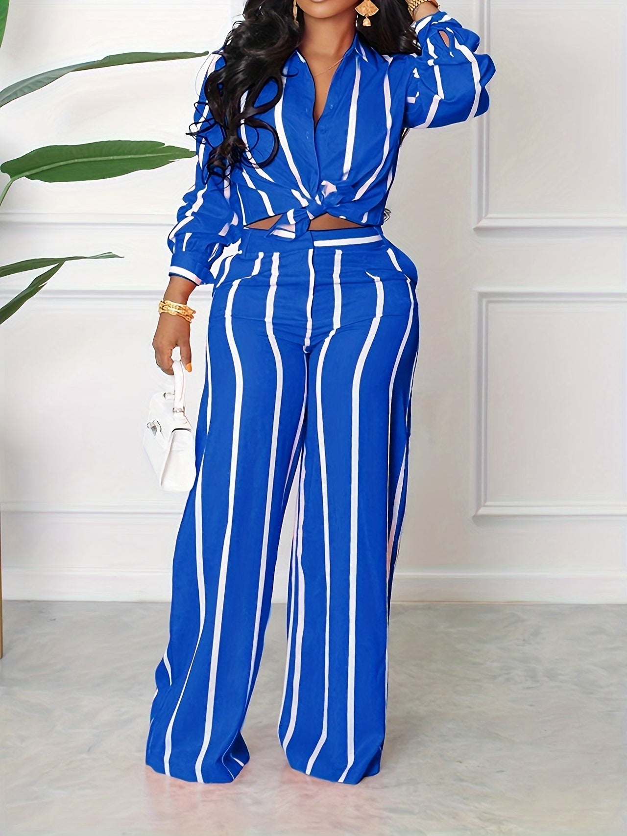 Striped Print Two-piece Set, Button Front Collar Long Sleeve Shirt & High Waist Wide Leg Loose Pants Set, Women's Clothing